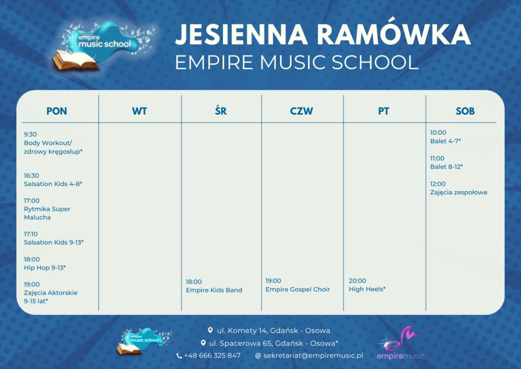 Harmonogram zajęć grupowych w Empire Music School