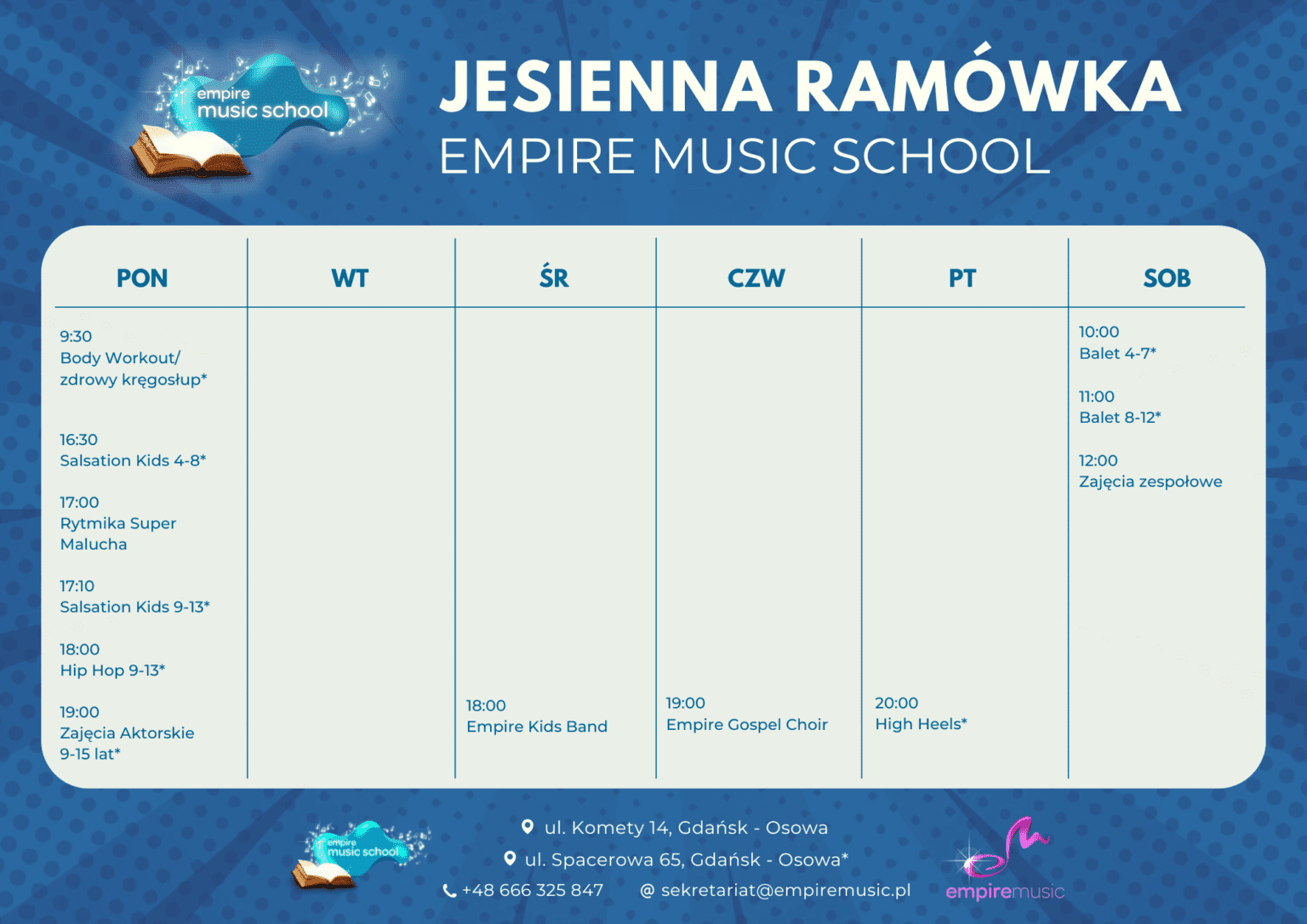 Harmonogram zajęć grupowych w Empire Music School